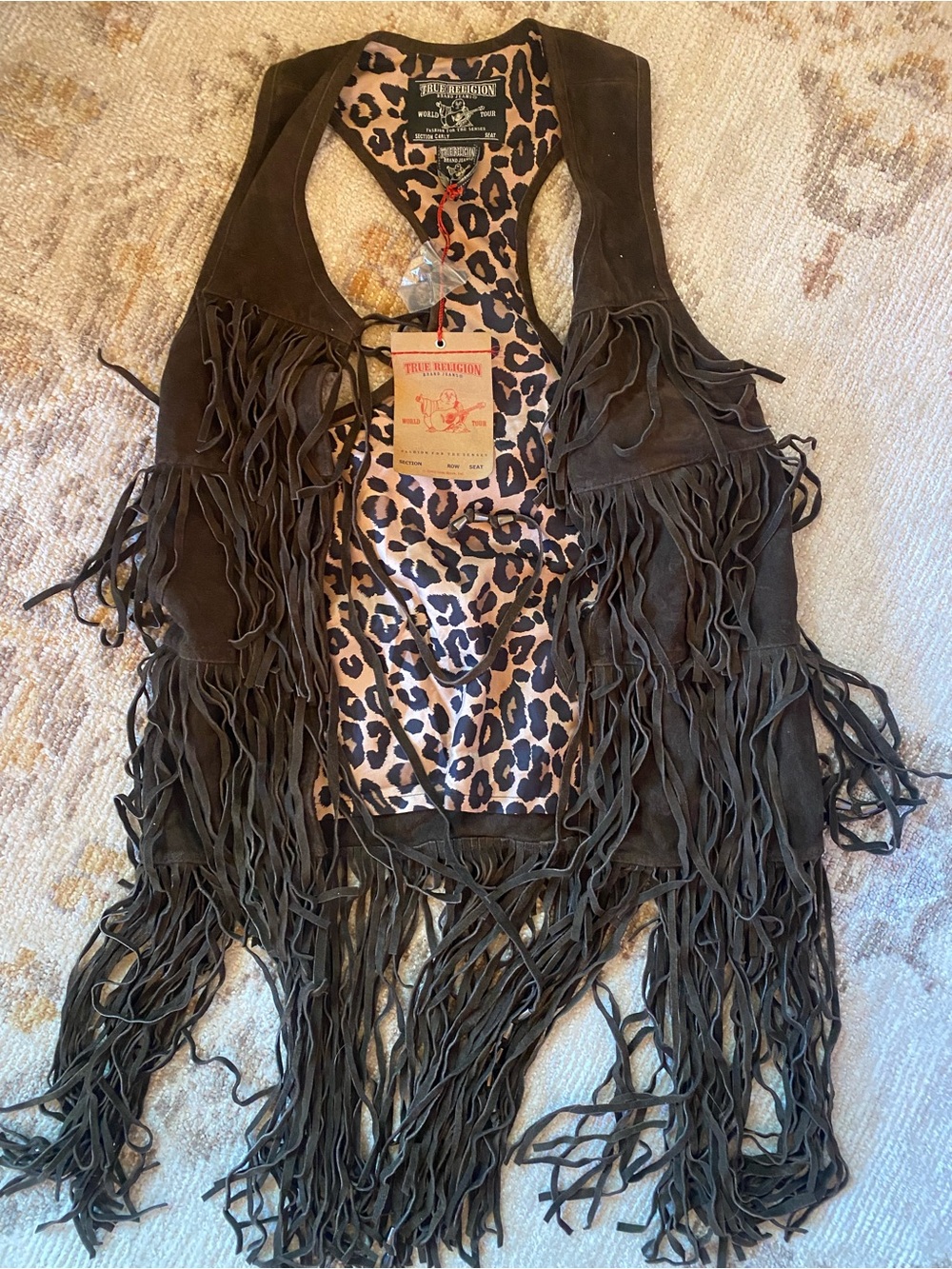 True Religion Dark Brown l genuine leather Fringe Vest with Leopard Lining